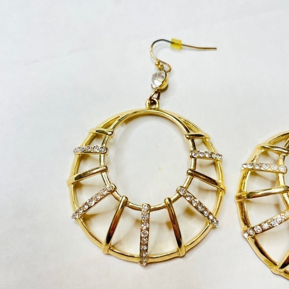 GOLD-TONE Metal Rhinestone Studded Round Hoop Dangle Drop Earrings - Picture 3 of 6